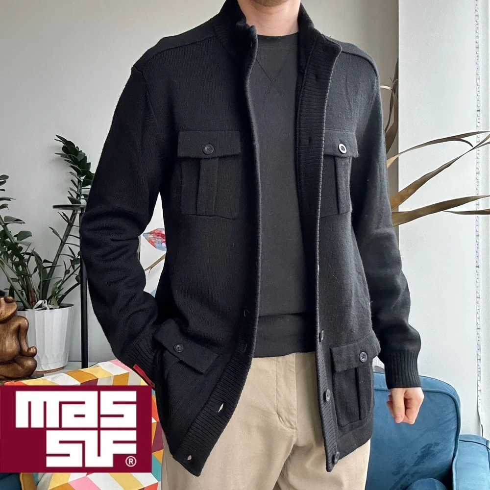 Massif NWOT Wool Black Military Knit Pockets Cardigan XL - Picture 1 of 15
